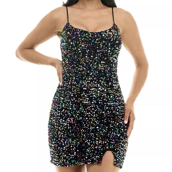 Junior Sz 1-2 NWT Sequin Black Velvet Mini Dress Slit Built-in Bra Pear Culture - Picture 1 of 12